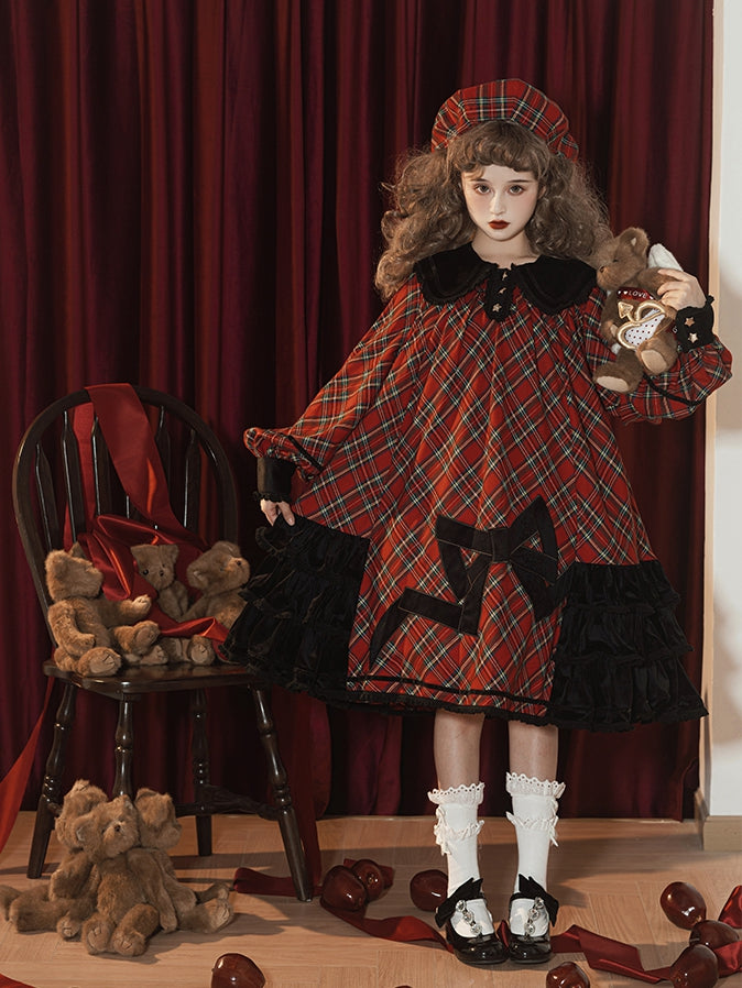 Star of Freedom and Courage Red Plaid Pattern Peter Pan Collor Long Sleeves One Piece