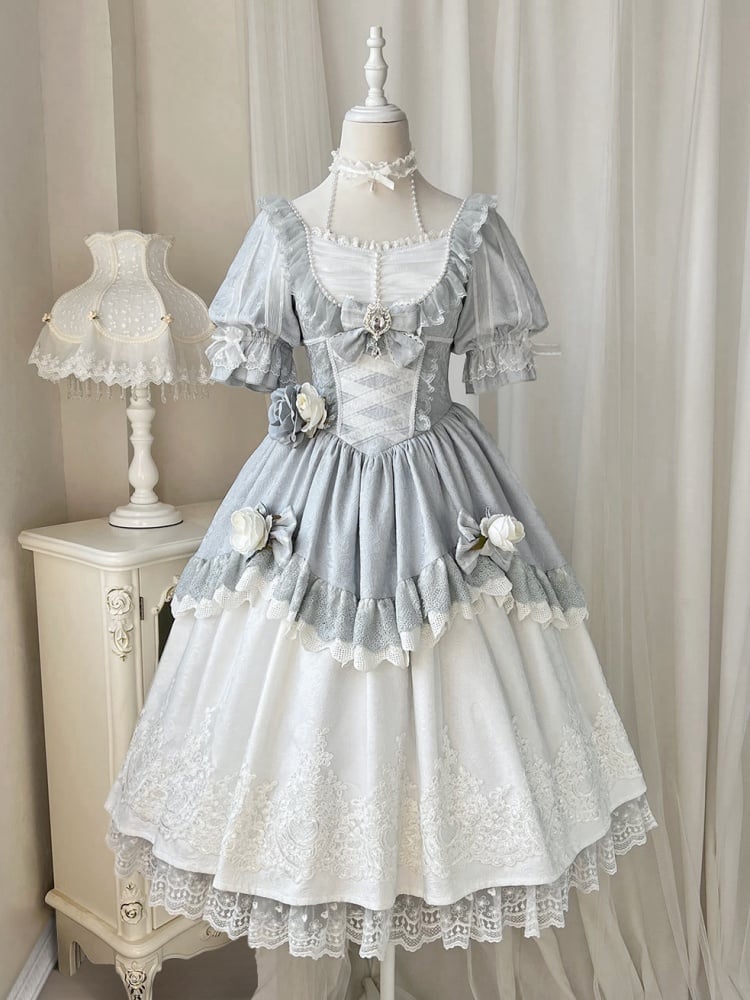 White and Blue Floral Bowknot Design One Piece