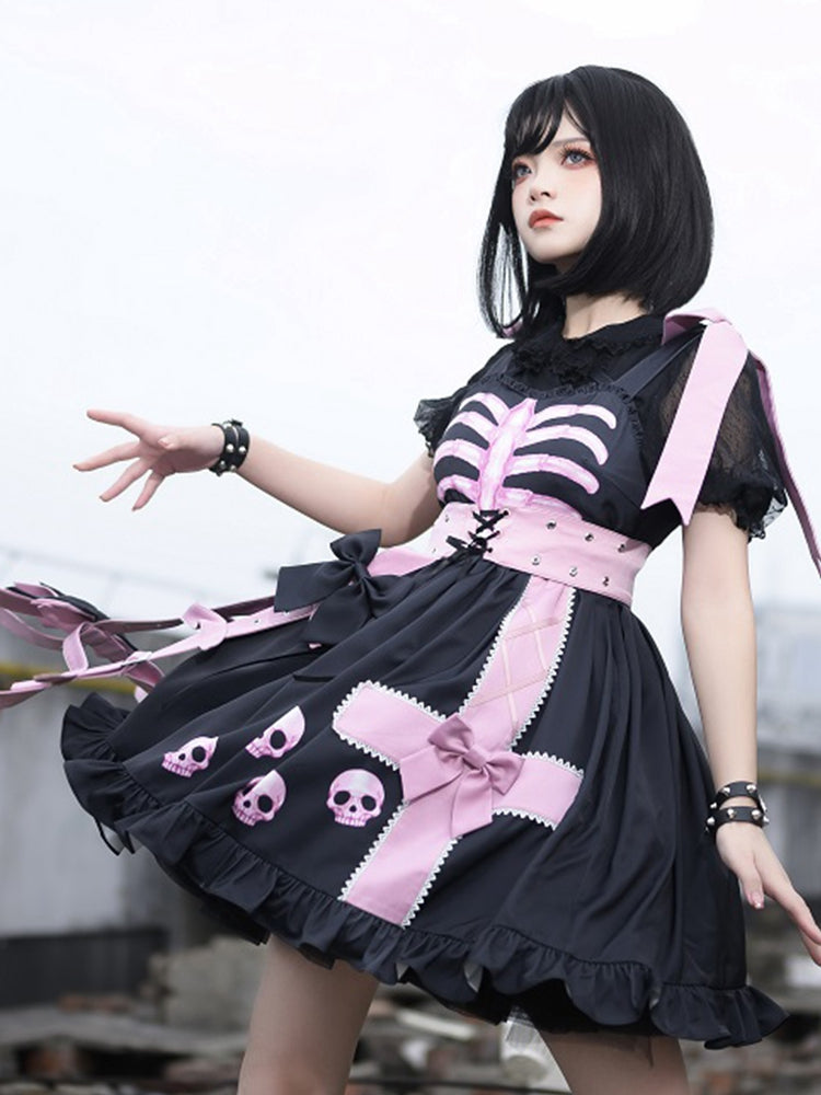 In Stock Dark Birdcage Skull Print Bowknot High Waist Lolita JSK
