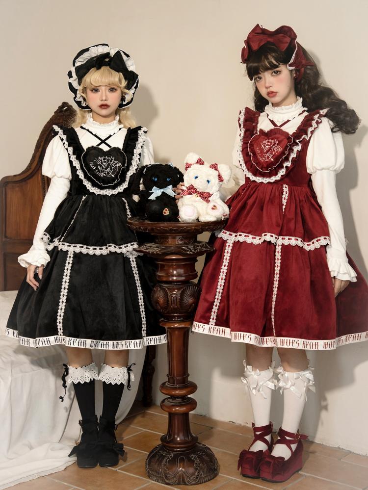 In Stock Runaway Bear Emboridery Heart-shaped Neckline Letter Print Hemline Velvet Jumper Skirt