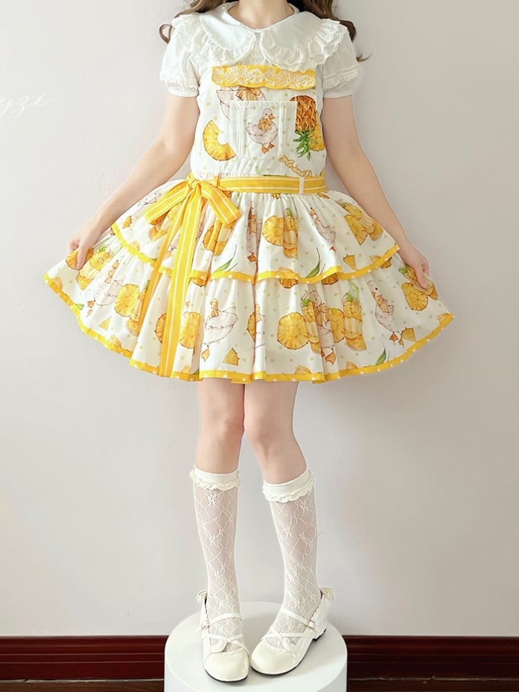 Pineapple and Duck Print Yellow Overalls Polka-dot Pattern Dress