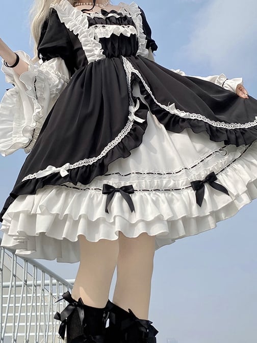 White Night Aurora Black and White Old School One Piece with Removable Bell Sleeves