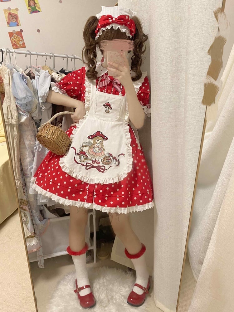 Picking Mushroom White and Red Polka-dot Pattern Short Sleeves One Piece