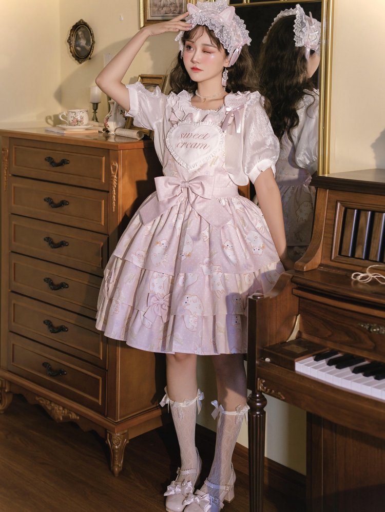 In Stock Kitty Print Bowknot Details Tiered Ruffle Hem Overall Dress