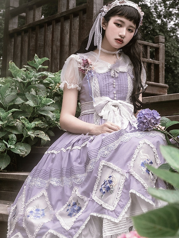In Stock Floral Embroidery Bowknot Details Lace Patches Jumper Skirt