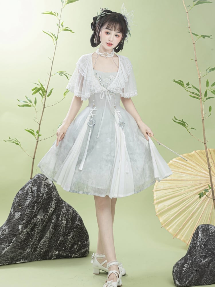 Lotus Embroidery Light Green Bead Details Dress + Shawl Set