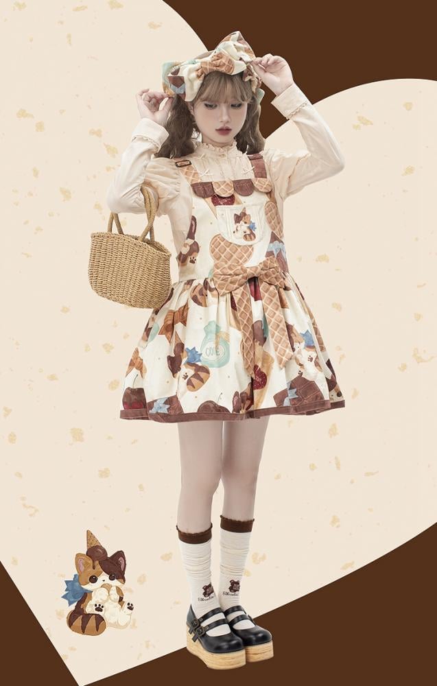 Muffin Kitten Series Dessert and Cat Print Sweet Overall Dress