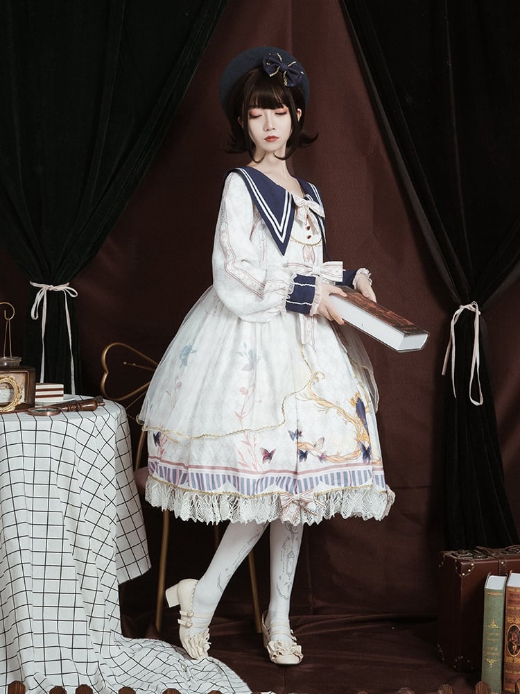 White Butterflies Print High Waist Long Sleeves One Piece