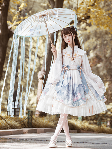 Chinoiserie Mountains-and-waters Painting Print Long Sleeves Lolita OP