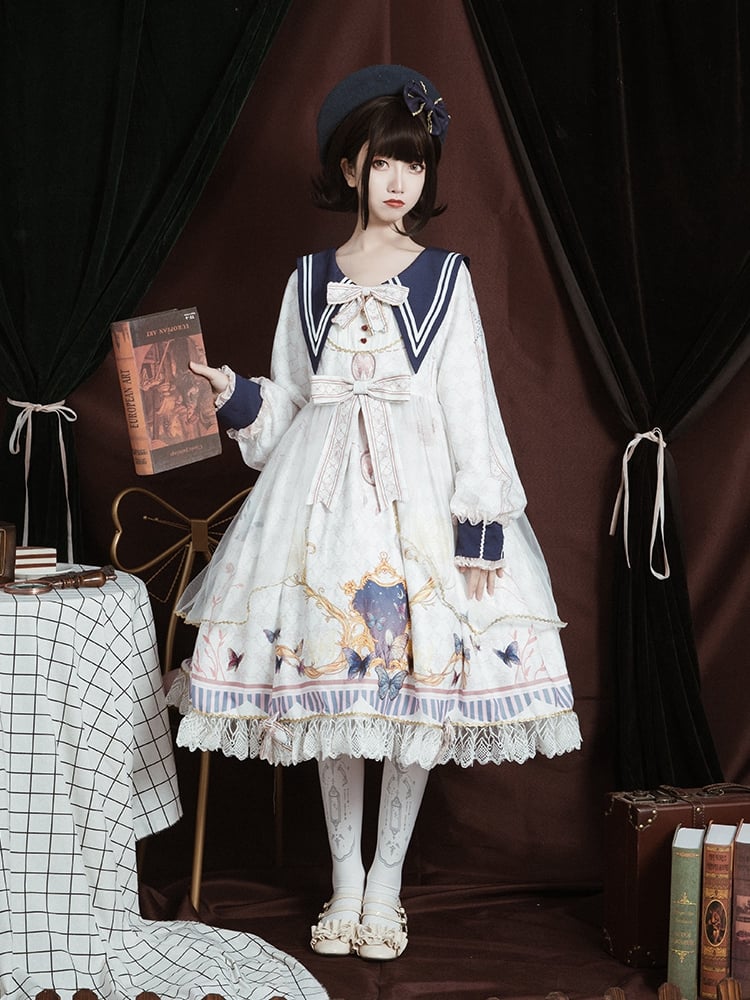 White Butterflies Print High Waist Long Sleeves One Piece