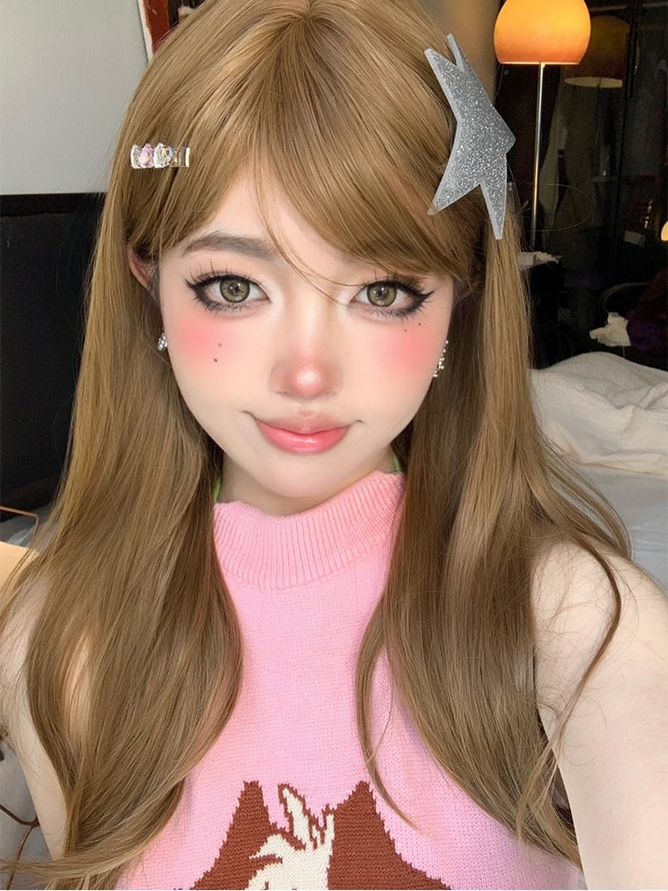 Brown Long Straight Wig with Air Bangs