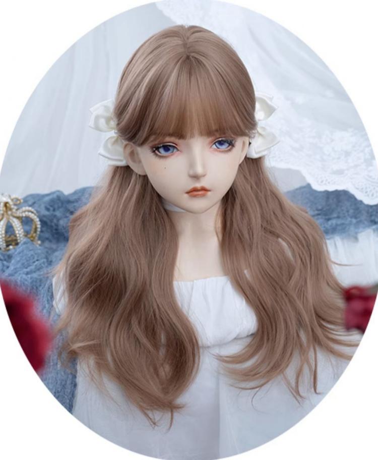 Milk Tea Brown Long Wavy Synthetic Wig with Full Bangs