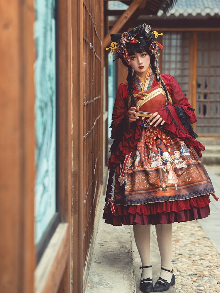 In Stock Fantasy Night Story Japanese Style Print Flounce Hem High Waist Wa Lolita JSK