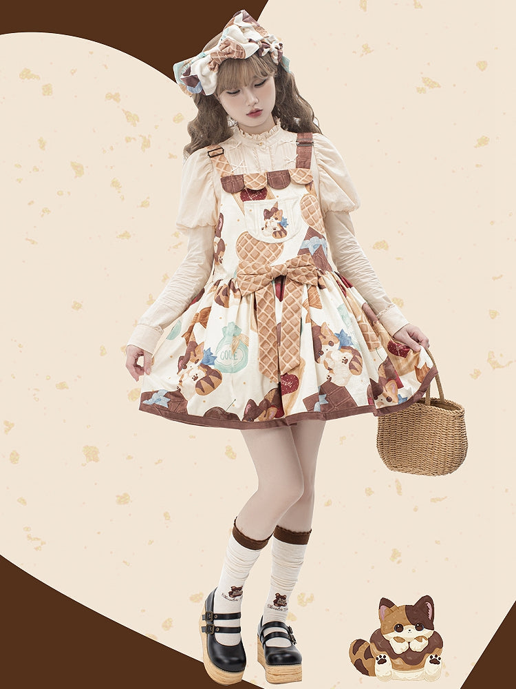 Muffin Kitten Series Dessert and Cat Print Sweet Overall Dress