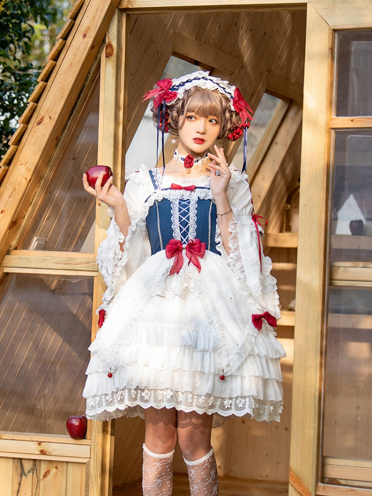 Snow White Bowknot Details Lace-up Bodice Ruffle Hem Jumper Skirt