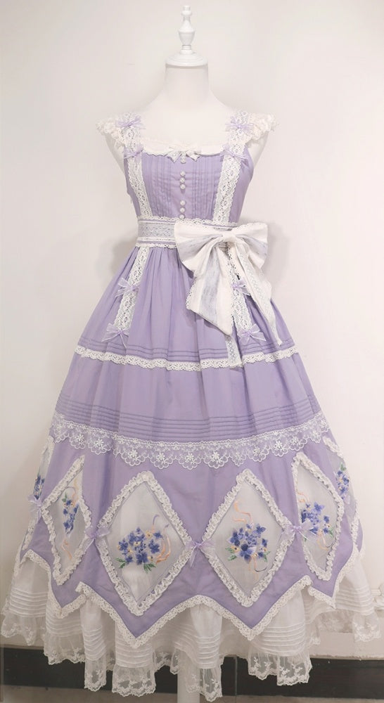 In Stock Floral Embroidery Bowknot Details Lace Patches Jumper Skirt