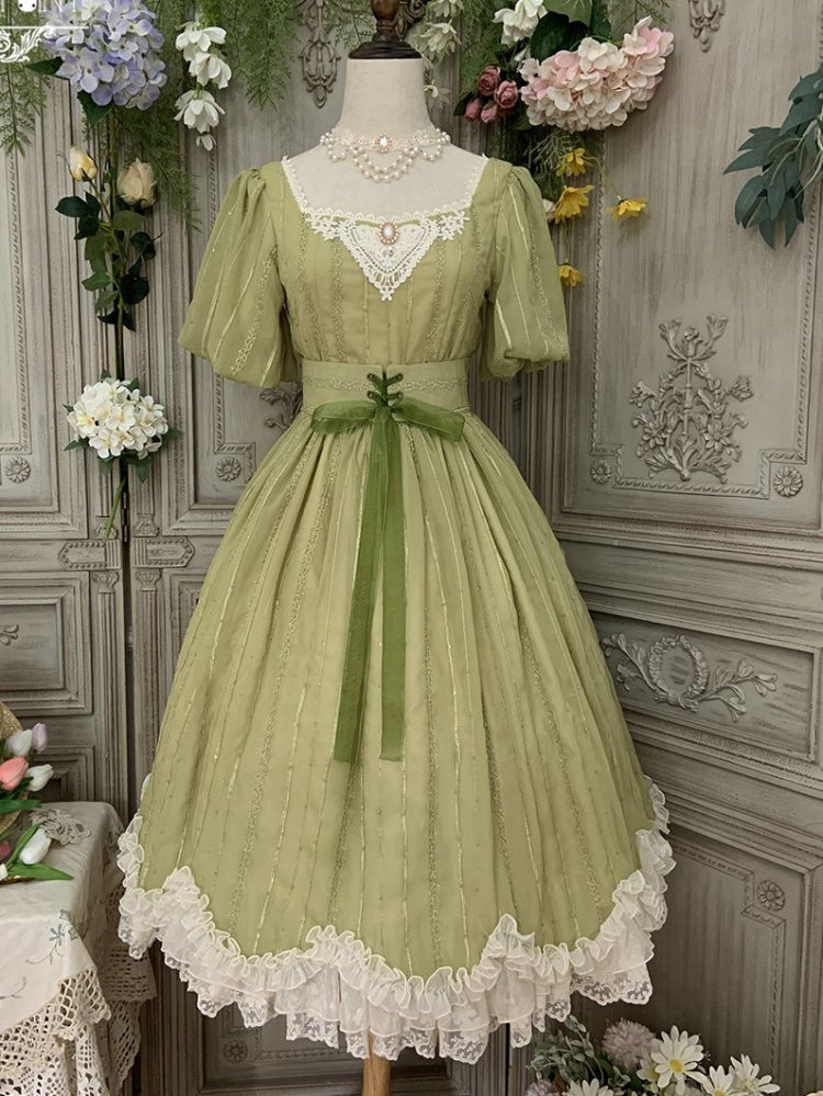 Tulip 1.0 Tiered Skirt and Ruffle Trim Short Sleeves One Piece Version A (Lace Applique Neckline)/Version B