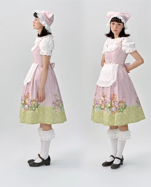 Pink Cat Print Lace Trim Bowknot Details Jumper Skirt