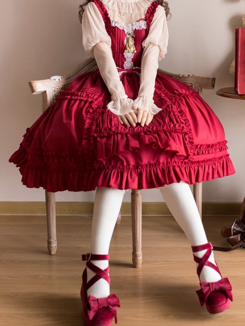 Doll Story Bowknot Details Natural Waist Ruffle Hem Jumper Skirt