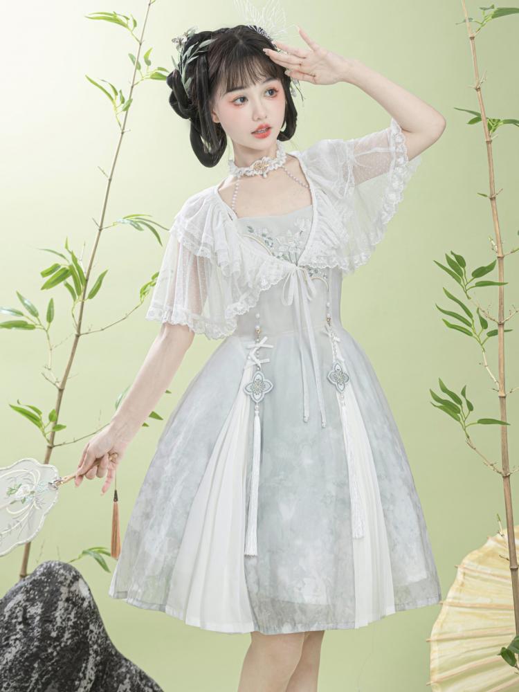 Lotus Embroidery Light Green Bead Details Dress + Shawl Set