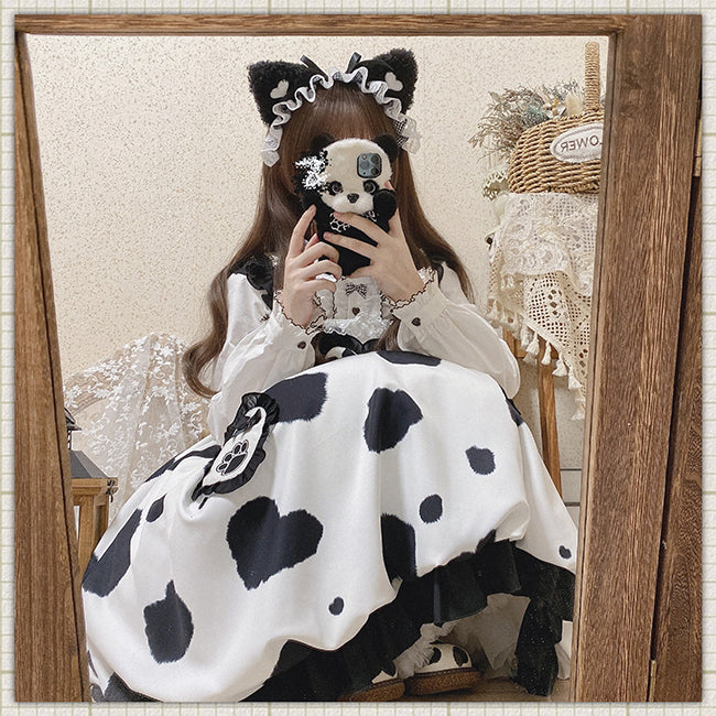 Spotted Print Square Neckline Ruffle Hemline HIgh Waist Jumper Skirt