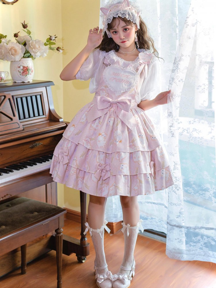 In Stock Kitty Print Bowknot Details Tiered Ruffle Hem Overall Dress