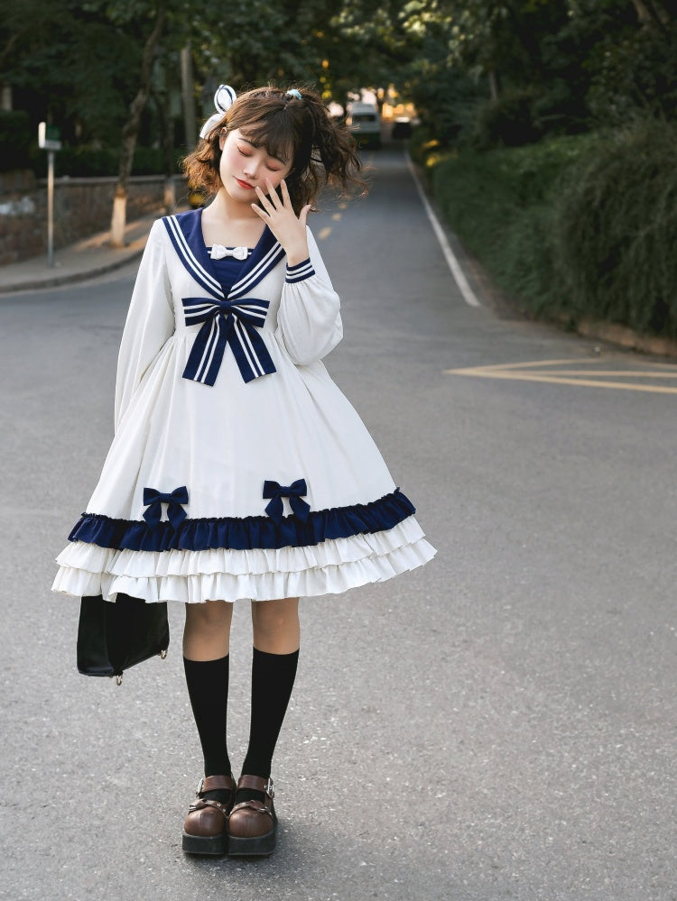 In Stock Bowknot Details Ruffle Hem Sailor Collar Long Sleeves One Piece