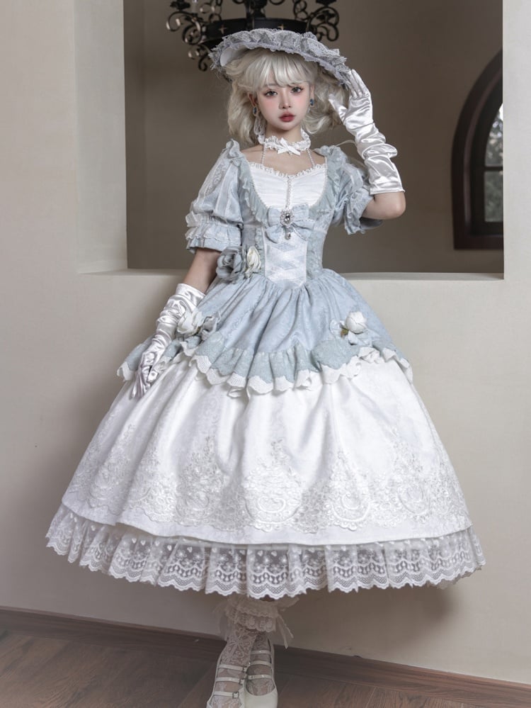 White and Blue Floral Bowknot Design One Piece