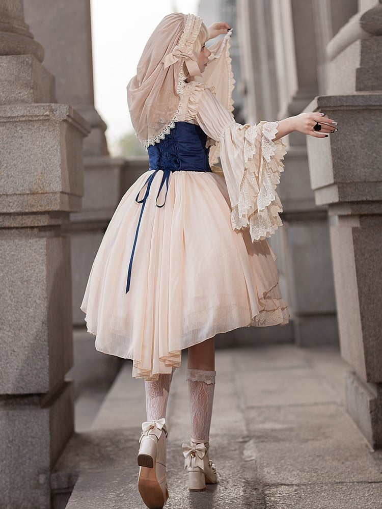 Immortal Song Beige and Dark Blue Ruffle Square Neckline Lace-up Details Jumper Skirt