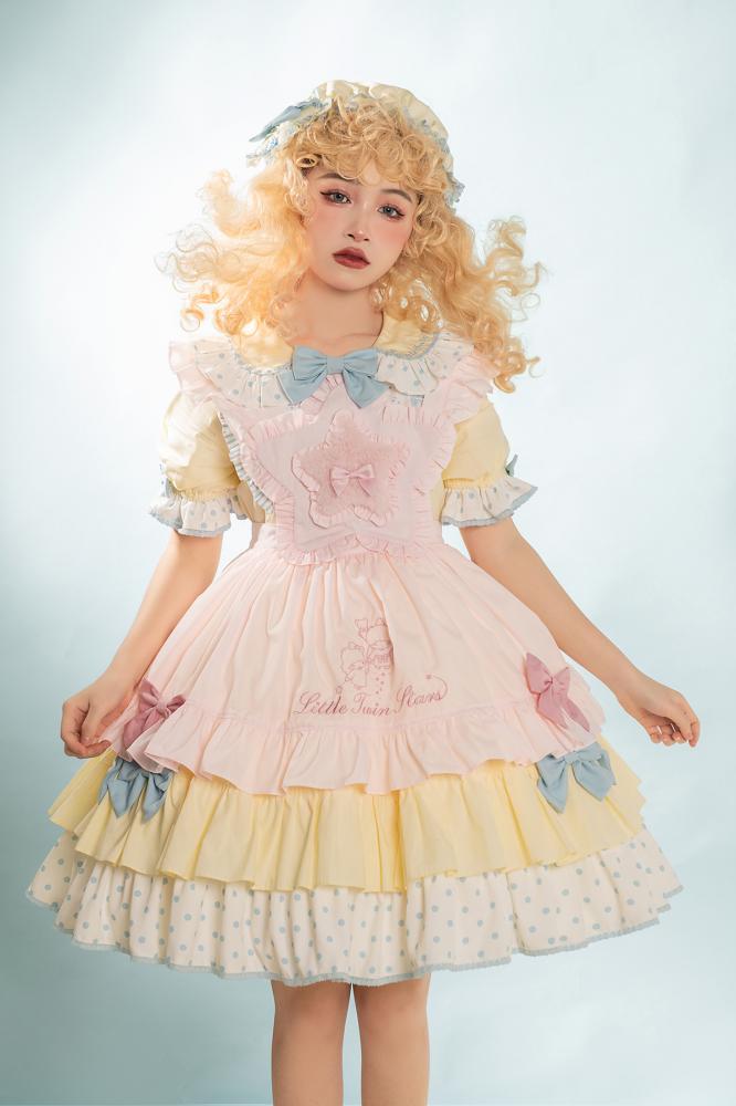 Little Twin Stars Bowknot Details Ruffle Trim Short Sleeves One Piece Color Yellow
