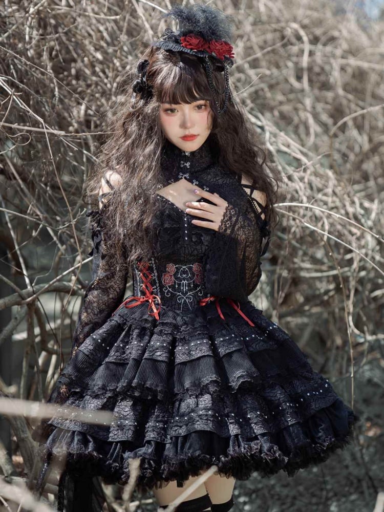 Rose Thorn Color Black Sweetheart Neckline Floral Embroidery Jumper Skirt Short Version