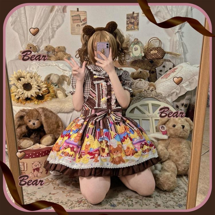 Little Bear and Pot Built-in Petticoat Bear and Biscuit Print Overalls