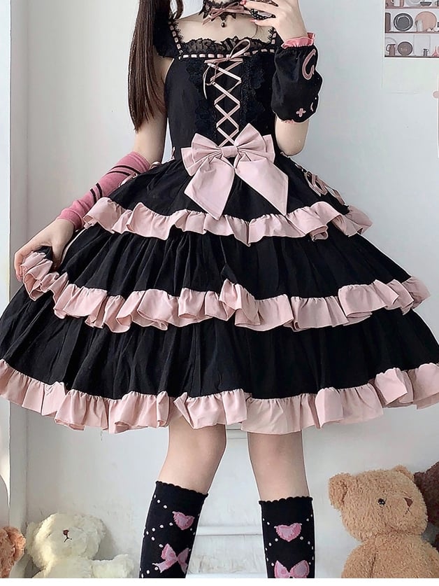 Lace-Up Detail Sweet Jumper Skirt Tiered Skirt Dress/Full Set Long Version