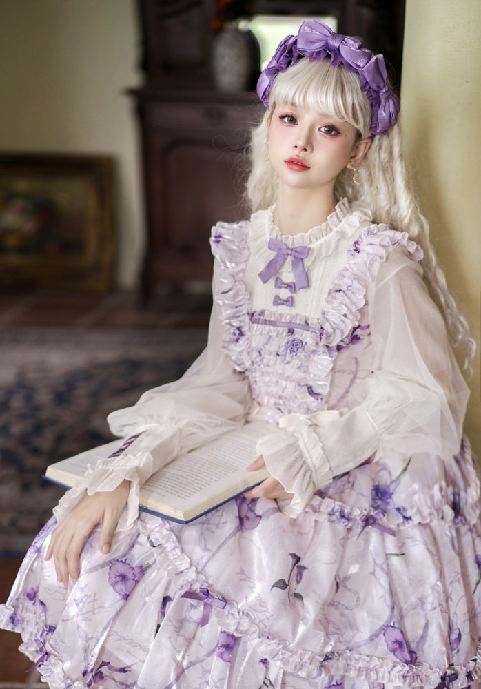 White and Purple Fake Two-pieces Design Floral Print Ruffle Bodice Long Sleeves Lolita OP
