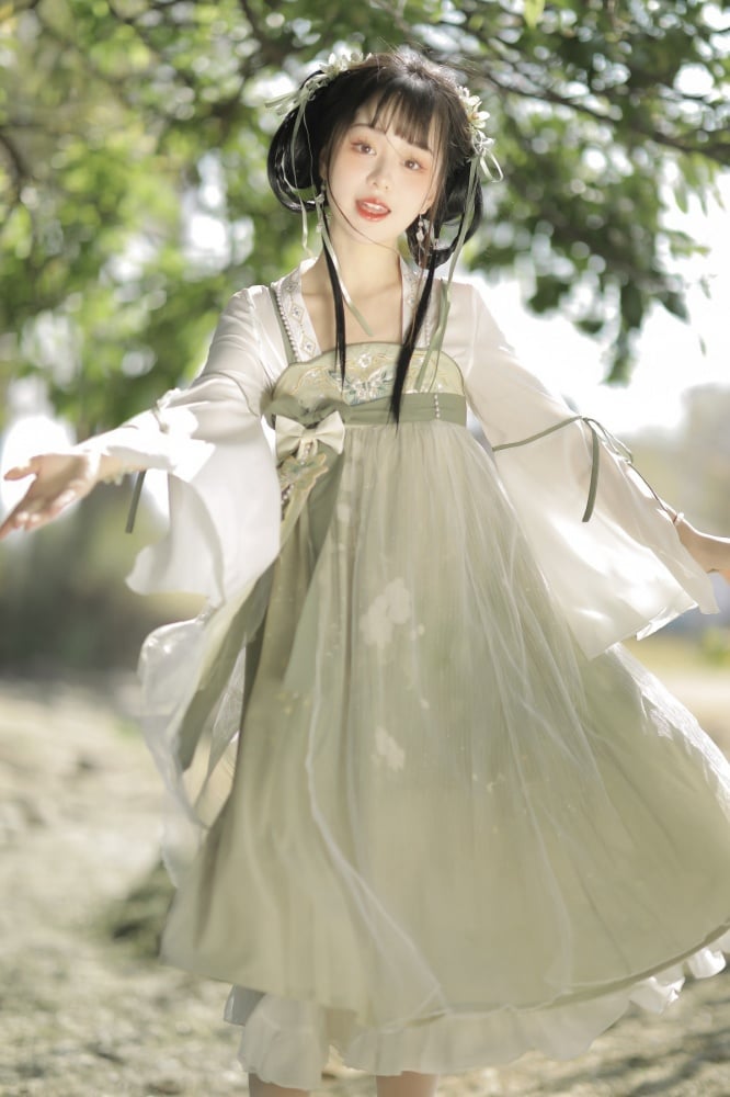 Light Green Floral and Butterfly Embroidery Han Slip Dress