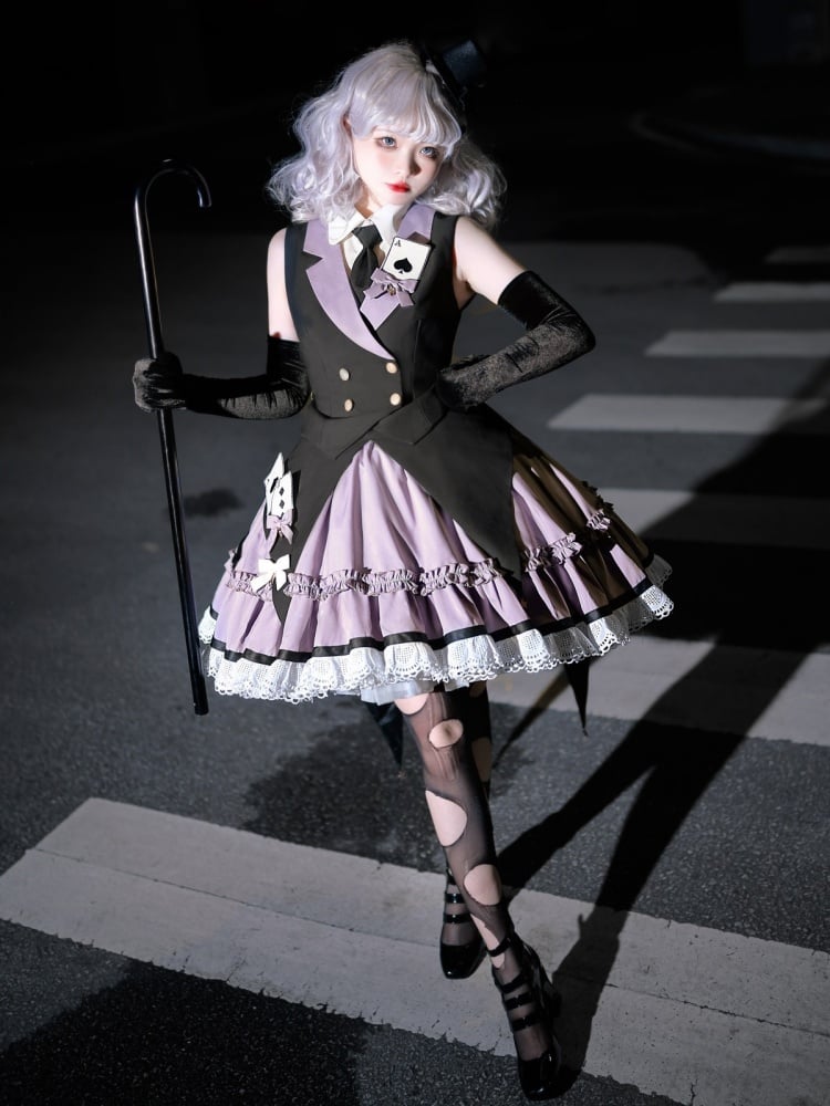 Poker Decorated Vest+Jumper Skirt+Tie Set