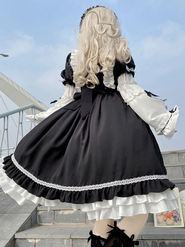 White Night Aurora Black and White Old School One Piece with Removable Bell Sleeves