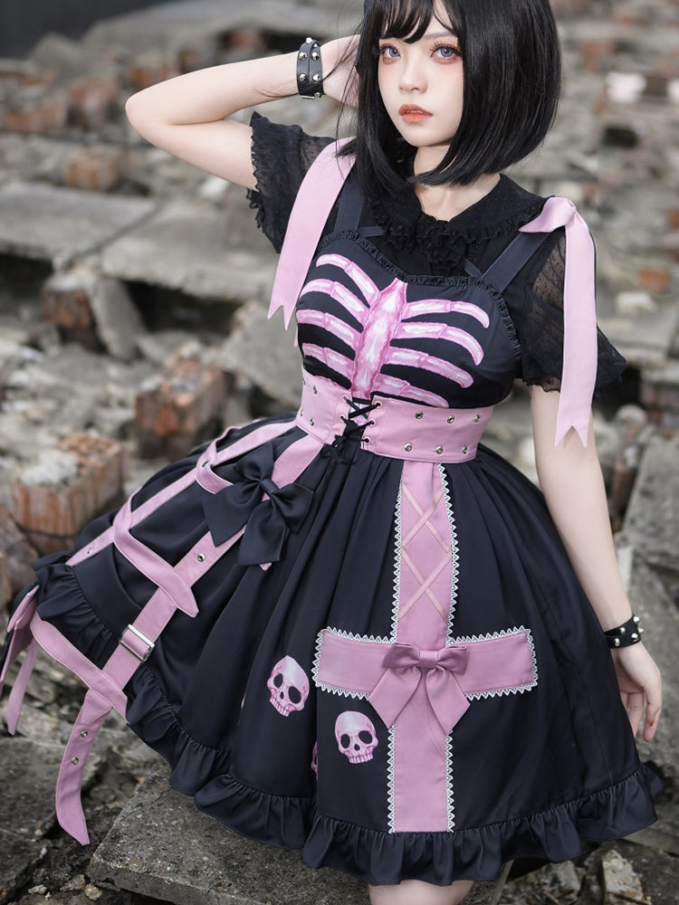 In Stock Dark Birdcage Skull Print Bowknot High Waist Lolita JSK