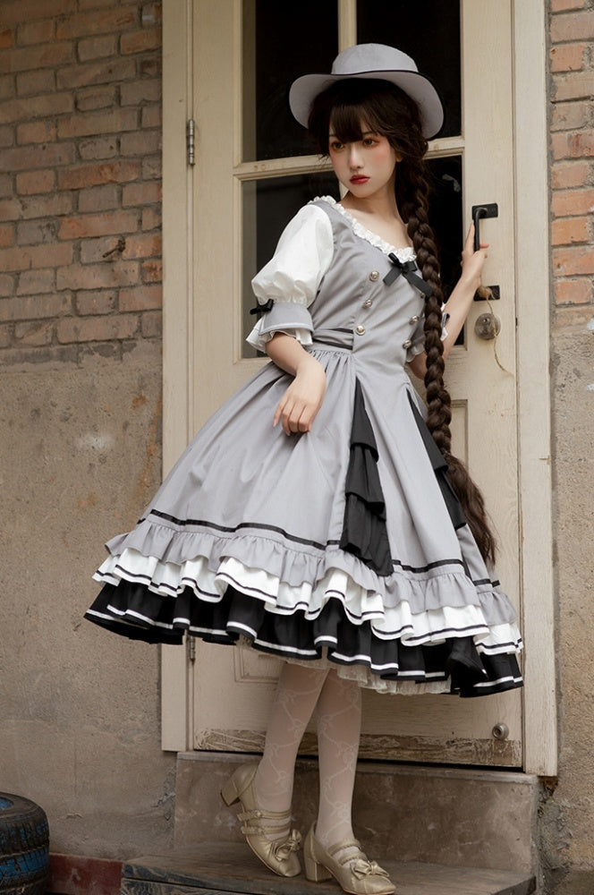 In Stock Black White Gray Tiered Ruffle Hemline Short Sleeves Lolita OP