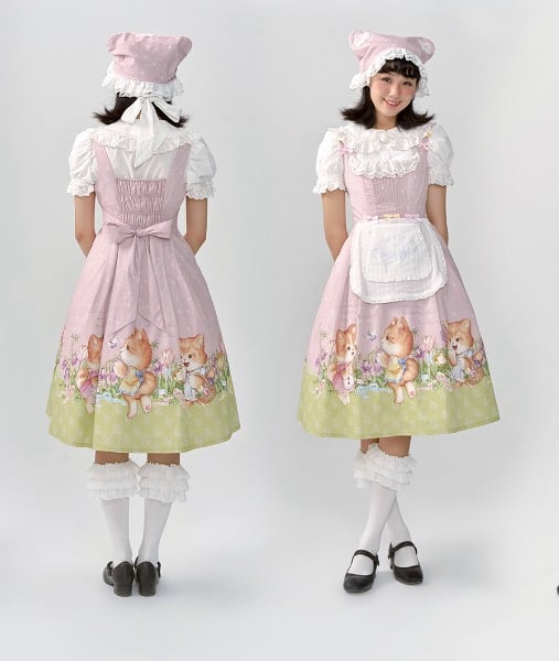 Pink Cat Print Lace Trim Bowknot Details Jumper Skirt