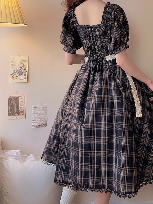 Plaid Pattern One Piece Short Sleeves Elegant Dress