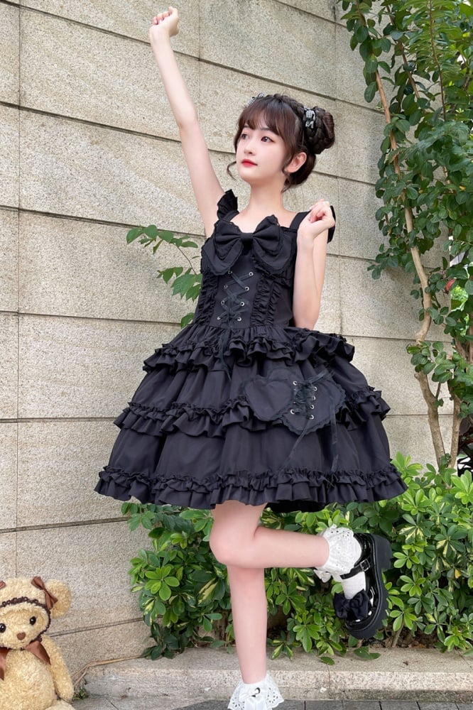 7 Color Options Lace-up Detail Sweetheart Neckline Ruffle Trim Hem Jumper Skirt