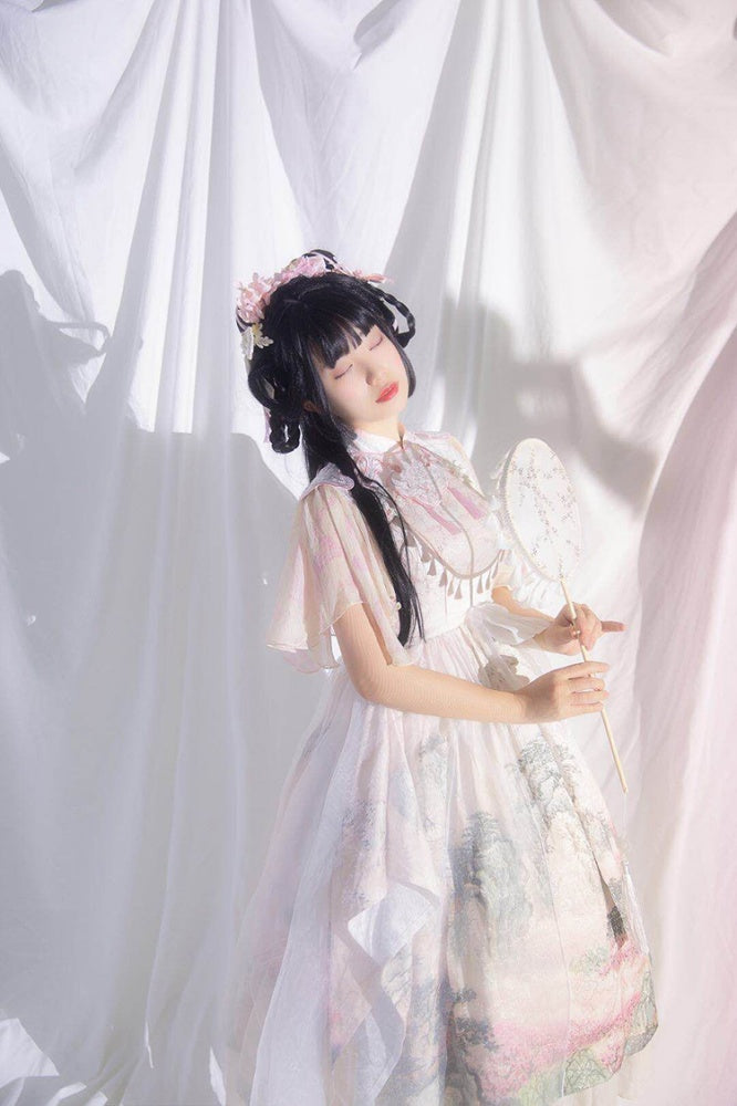 In Stock Mountains-and-waters Painting Print Irregular Hem Chinoiserie Style Short Sleeves One Piece