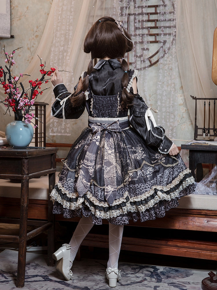 Black Chinoiserie Style Pattern Design Dragon Print Bowknot Details Jumper Skirt