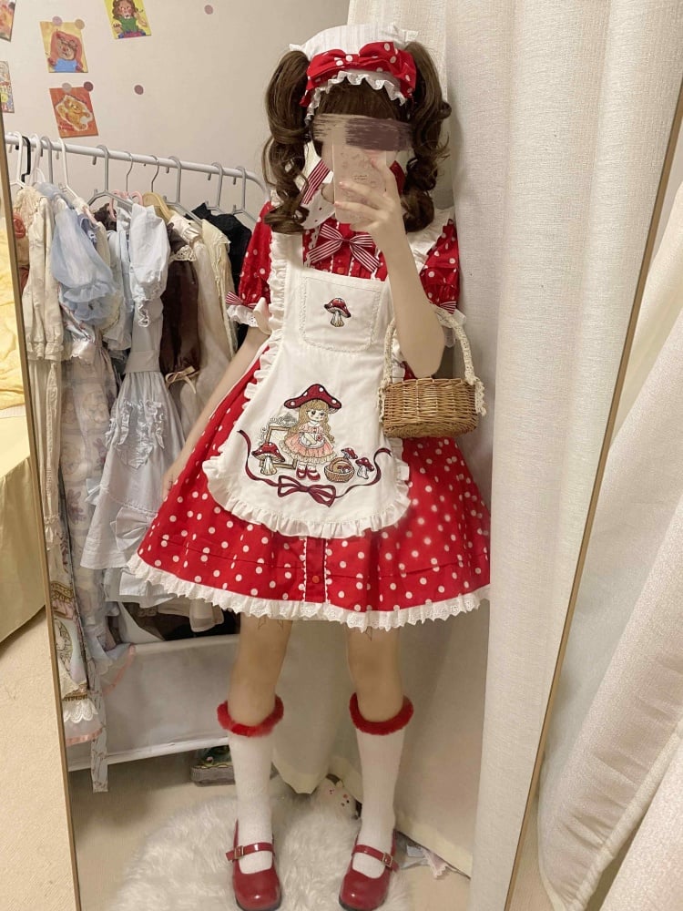 Picking Mushroom White and Red Polka-dot Pattern Short Sleeves One Piece
