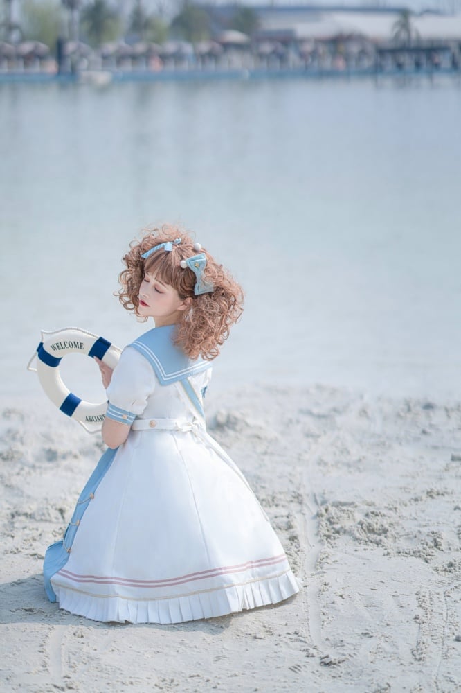 Sea Breeze Light Blue Sailor Collar One Piece High Waist Sweet Dress with Bow Tie and Ribbon