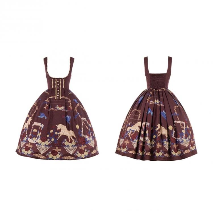 Red Underbust Neckline Unicorn Print High Waist Jumper Skirt