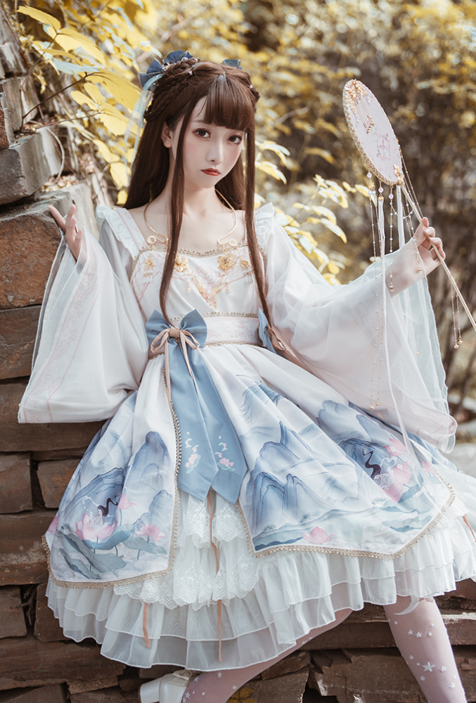 Chinoiserie Mountains-and-waters Painting Print Long Sleeves Lolita OP