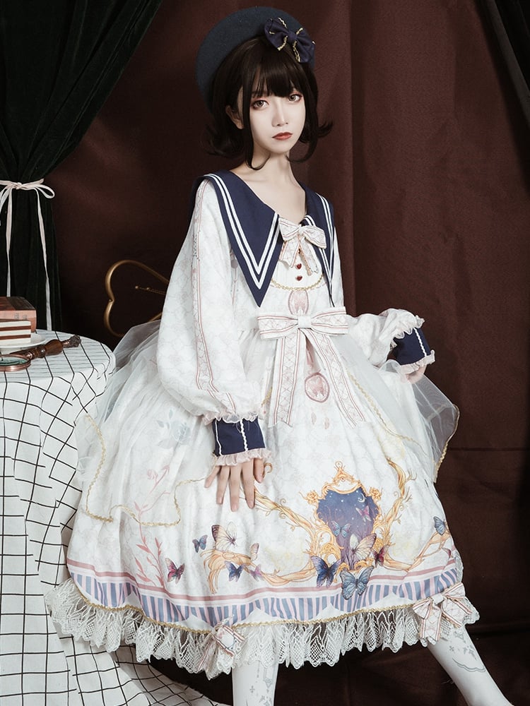 White Butterflies Print High Waist Long Sleeves One Piece