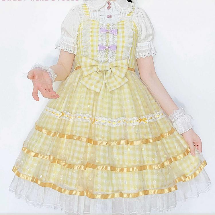 Icing Butterfly Cracker Yellow Gingham Tiered Ruffle Hem High Waist Jumper Skirt